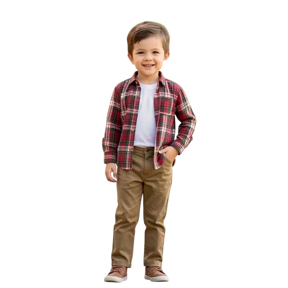 Original Penguin Boys 2 Piece Set Red Plaid Flannel Shirt Khaki Chino Pants NWT